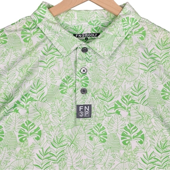 FN3P Other - FN3P Polo Mens Large Geometric Print Bright Green Leaves Golf Polo Shirt Stretch